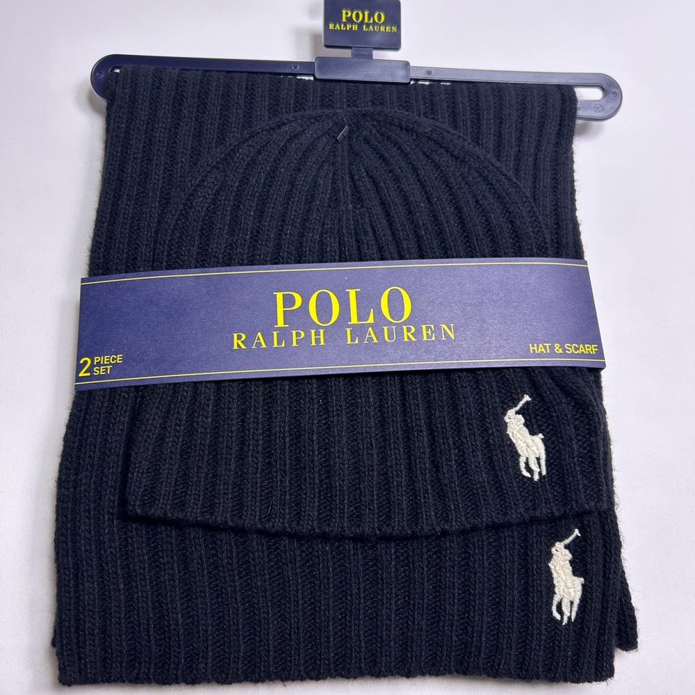 NWT Polo Ralph Lauren 2-Piece Black Hat & Scarf Set